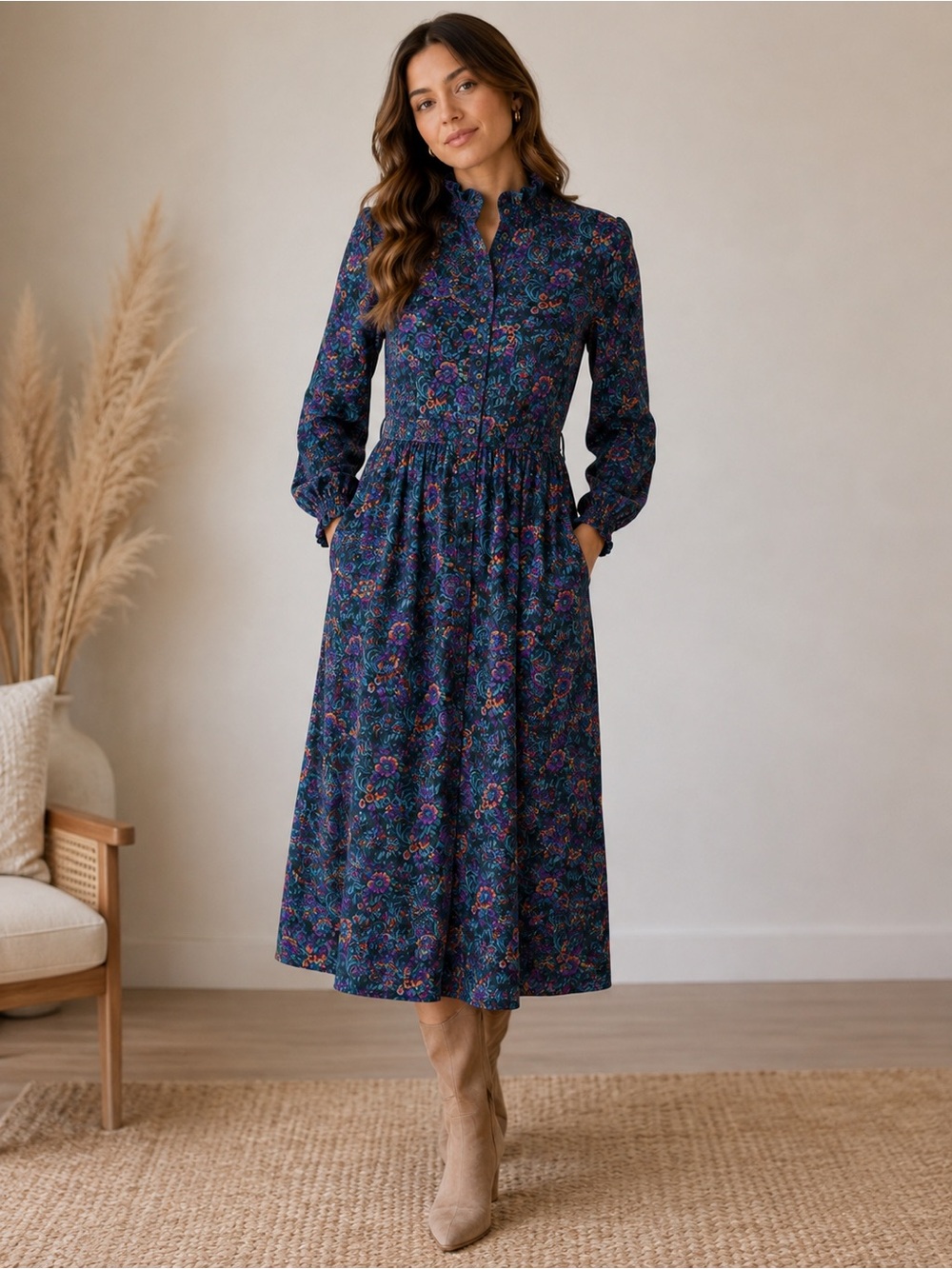 vintage Sézane style moody floral midi length wool dress
